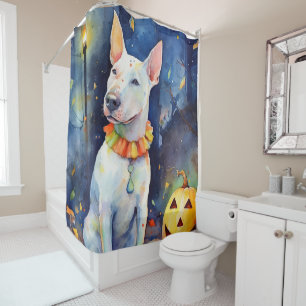 Halloween Bull Terrier With Pumpkins Scary Shower Curtain