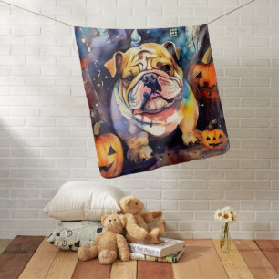 Halloween Bulldog With Pumpkins Scary Baby Blanket