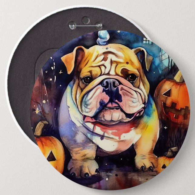 Halloween Bulldog With Pumpkins Scary Button (Front & Back)