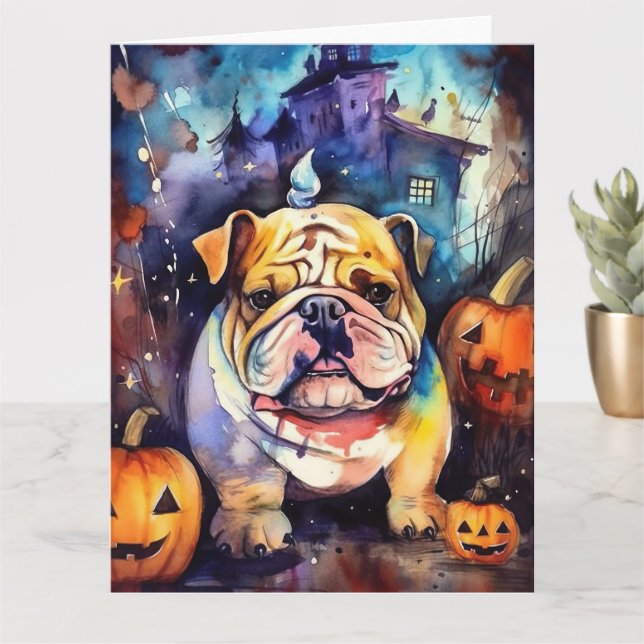 Halloween Bulldog With Pumpkins Scary Card (Small Plant)