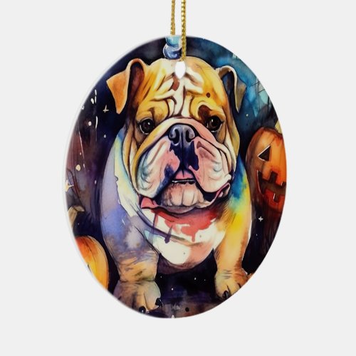 Halloween Bulldog With Pumpkins Scary Ceramic Ornament