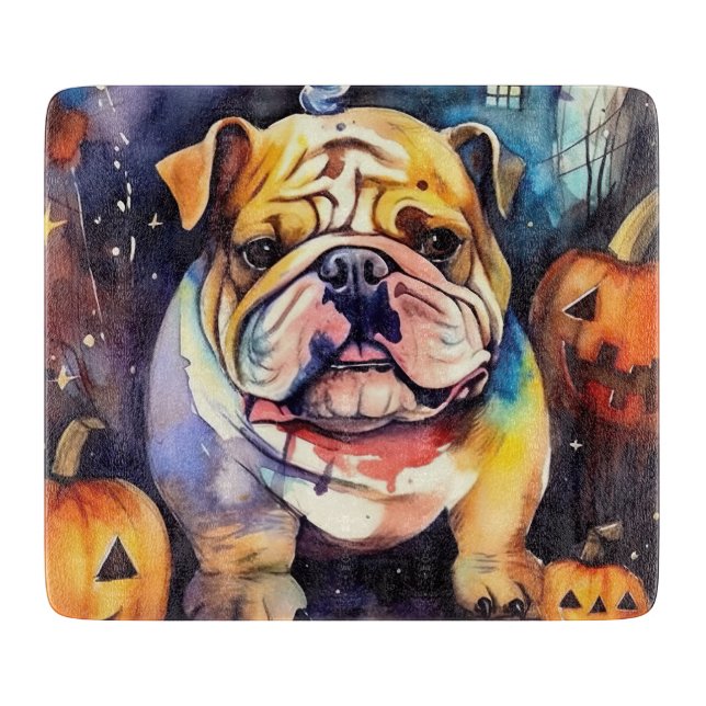 Halloween Bulldog With Pumpkins Scary Cutting Board (Front)