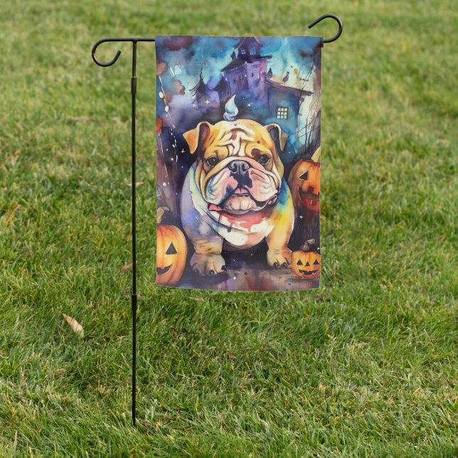 Halloween Bulldog With Pumpkins Scary Garden Flag (In SItu)