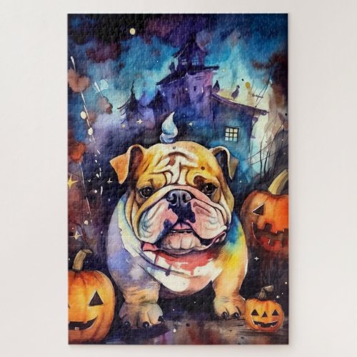 Halloween Bulldog With Pumpkins Scary Jigsaw Puzzle