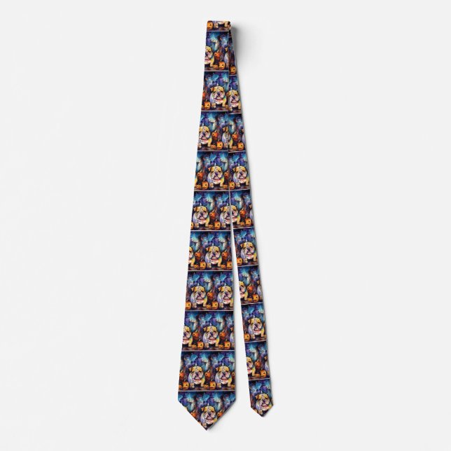 Halloween Bulldog With Pumpkins Scary Neck Tie (Front)