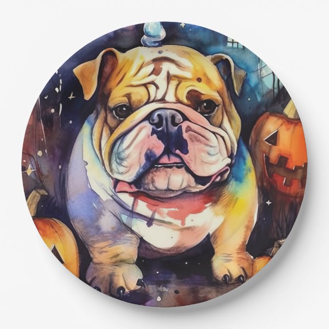 Halloween Bulldog With Pumpkins Scary Paper Plates (Front)