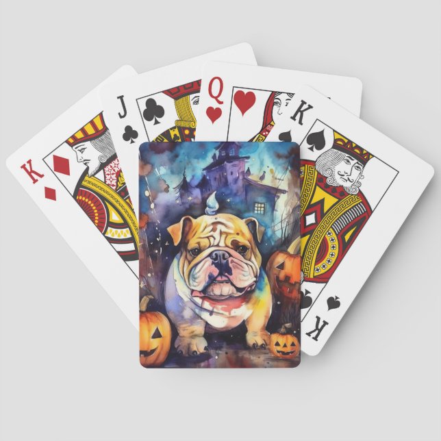 Halloween Bulldog With Pumpkins Scary Poker Cards (Back)