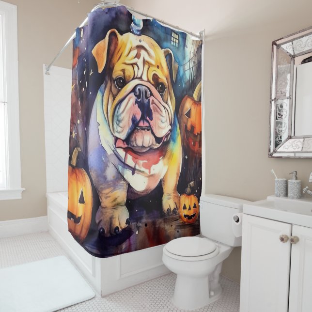 Halloween Bulldog With Pumpkins Scary Shower Curtain (In Situ)