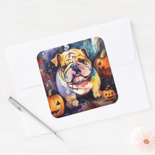 Halloween Bulldog With Pumpkins Scary Square Sticker