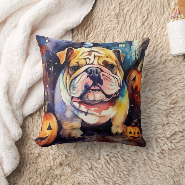 Halloween Bulldog With Pumpkins Scary Throw Pillow (Blanket)