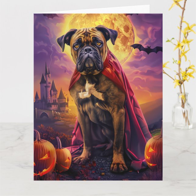 Halloween Bullmastiff Vampire Pumpkins Scary Card (Yellow Flower)