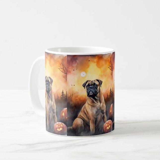 Halloween Bullmastiff With Pumpkins Scary Coffee Mug (Front Left)