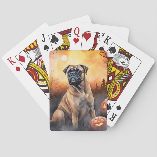 Halloween Bullmastiff With Pumpkins Scary Poker Cards (Back)