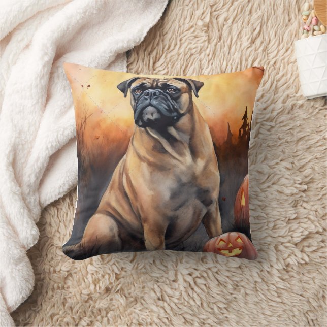 Halloween Bullmastiff With Pumpkins Scary Throw Pillow (Blanket)