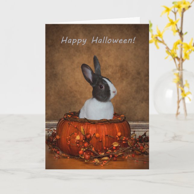Halloween Bunny in a Wicker Pumpkin Card (Yellow Flower)