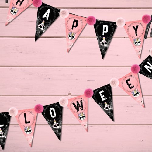 Halloween Bunting Pink & Black Skulls Flags