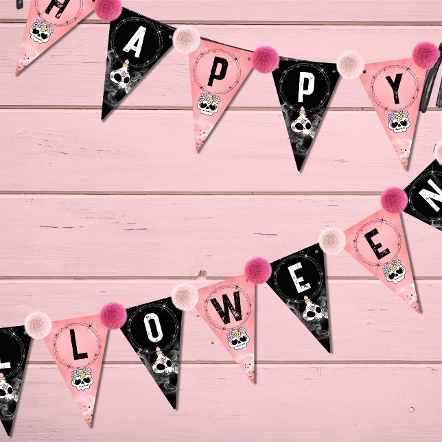 Halloween Bunting Pink & Black Skulls Flags (“Pom poms  shown are for display inspiration only not included. Personalize with your ow add ons)