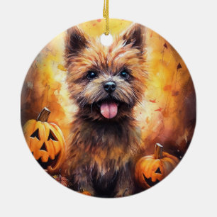 Halloween Cairn Terrier With Pumpkins Scary Ceramic Ornament