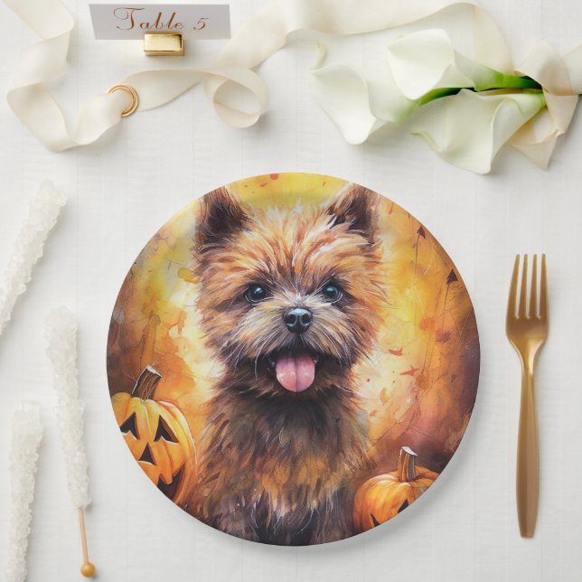 Halloween Cairn Terrier With Pumpkins Scary  Paper Plates (Wedding)
