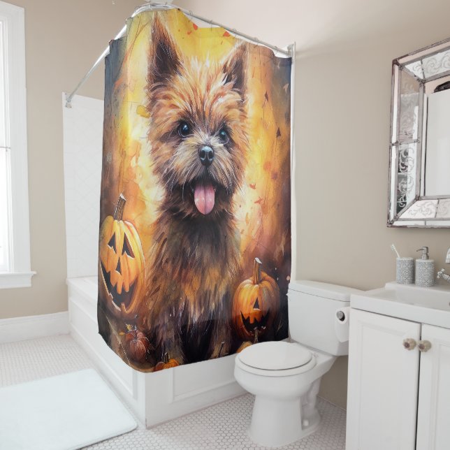 Halloween Cairn Terrier With Pumpkins Scary  Shower Curtain (In Situ)