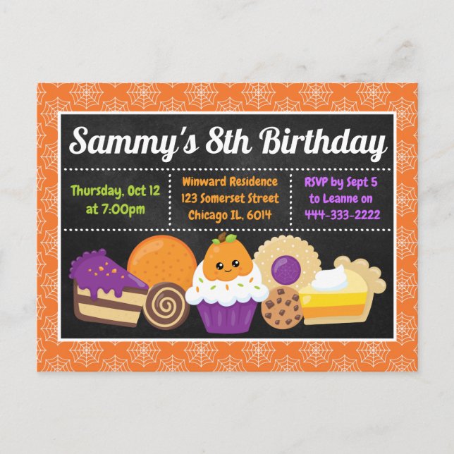 Halloween Cakes and Treats Birthday Party Invitati Postcard (Front)