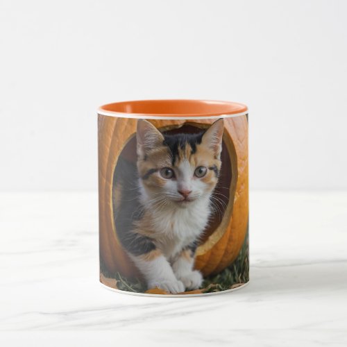 Halloween Calico Kitten Sitting in a Pumpkin  Mug