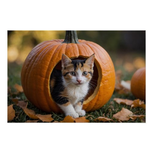 Halloween Calico Kitten Sitting in a Pumpkin  Poster