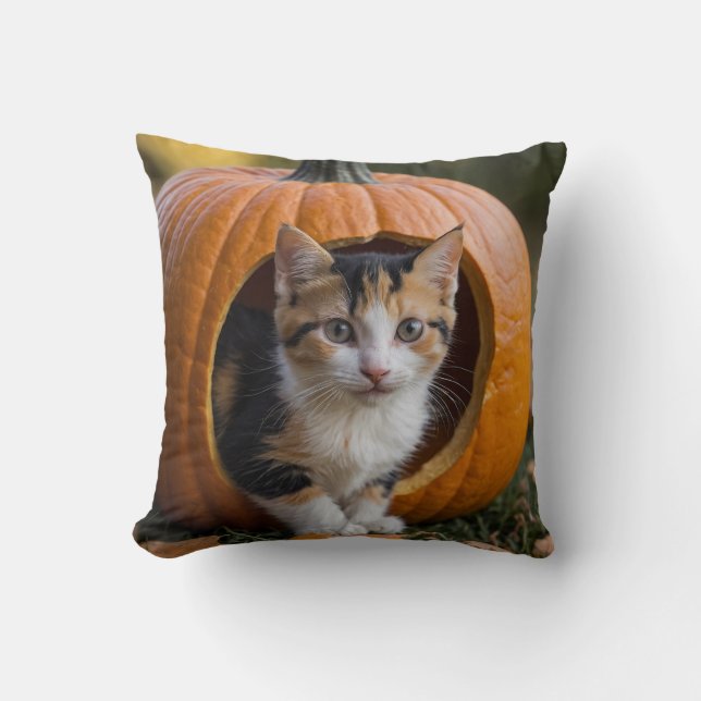 Halloween Calico Kitten Sitting in a Pumpkin  Throw Pillow (Front)