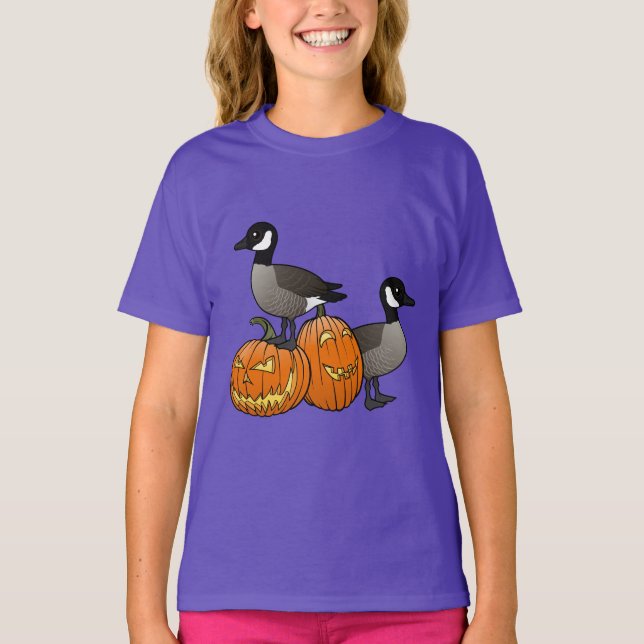 Halloween Canada Geese Birds with Jack-o-lanterns T-Shirt (Front)