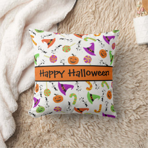 Halloween Candies Pumpkins Witch Hats Pattern Throw Pillow