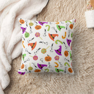 Halloween Candies Pumpkins Witch Hats Pattern Throw Pillow