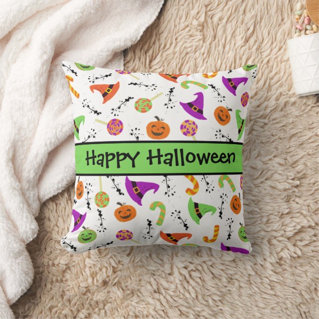 Halloween Candies Pumpkins Witch Hats Pattern Throw Pillow (Blanket)