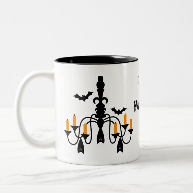 Halloween candles and bats chandelier Two-Tone coffee mug (Left)