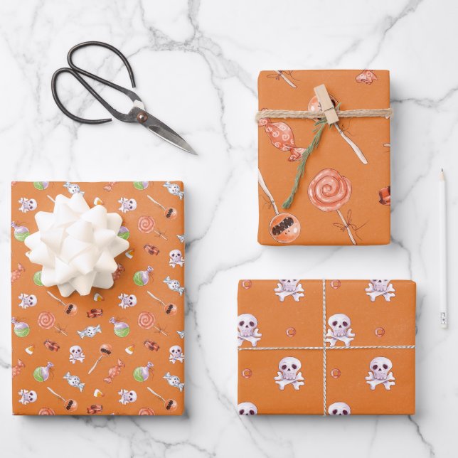 Halloween Candy and Skull Watercolor Wrapping Paper Sheets (Front)