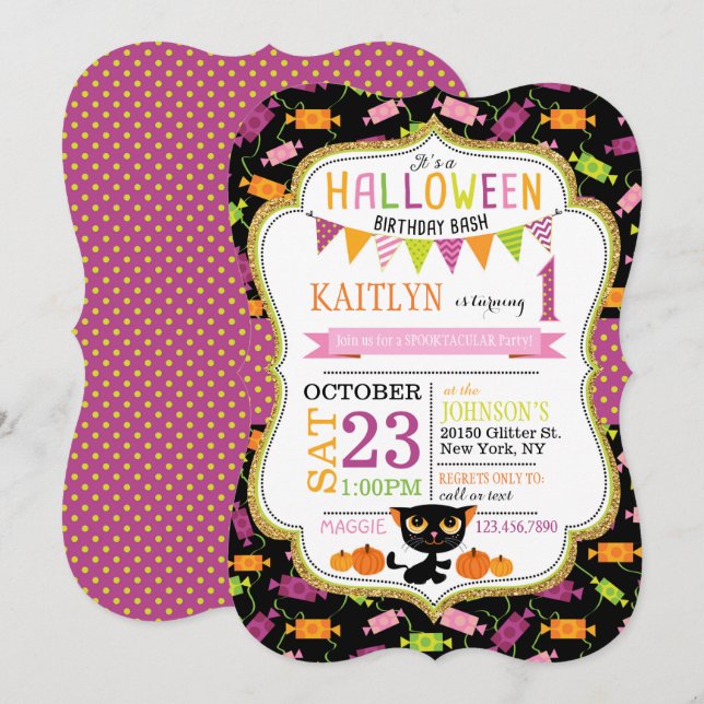 Halloween Candy Black Cat Pumpkins Birthday Invitation (Front/Back)