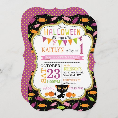 Halloween Candy Black Cat Pumpkins Birthday Invitation