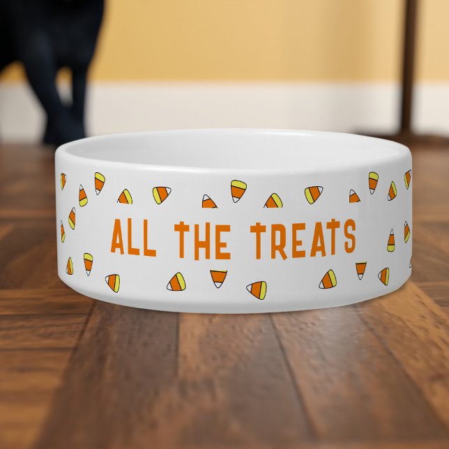 Halloween Candy Corn All the Treats Pet Dog Bowl (Let pets join in the Halloween fun with this candy candy pattern food bowl)