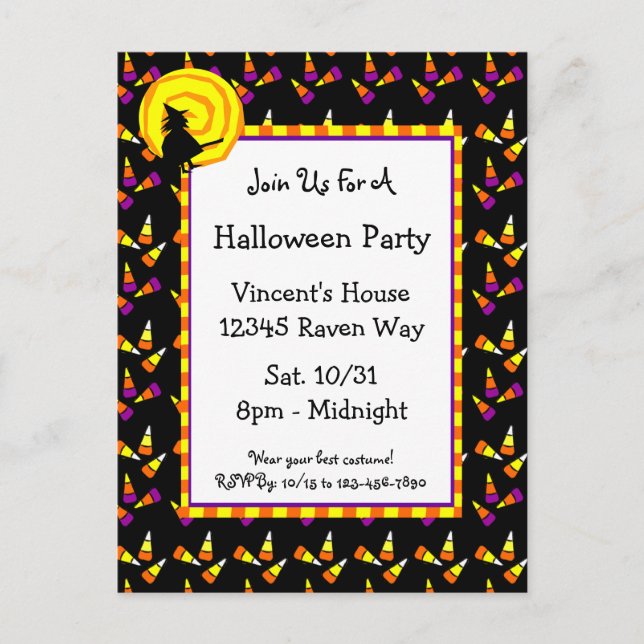 Halloween Candy Corn and Witch Invitation Postcard (Front)