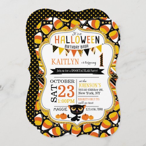 Halloween Candy Corn Black Cat Pumpkins Birthday Invitation