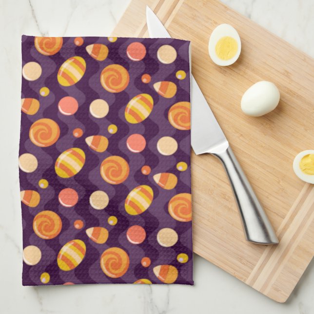Halloween Candy Corn Candies on Purple Kitchen Towel (Quarter Fold)