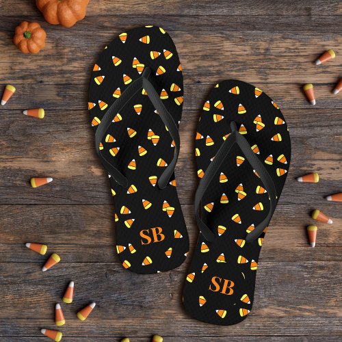 Halloween Candy Corn Monogrammed Black Flip Flops