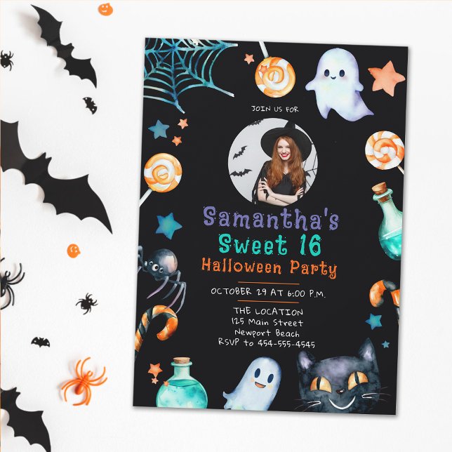 Halloween Candy Frame Ghost Black Sweet 16 Photo Invitation (sweet 16 halloween photo invite for girls black orange candy ghosts fun elegant cute sweet girly )