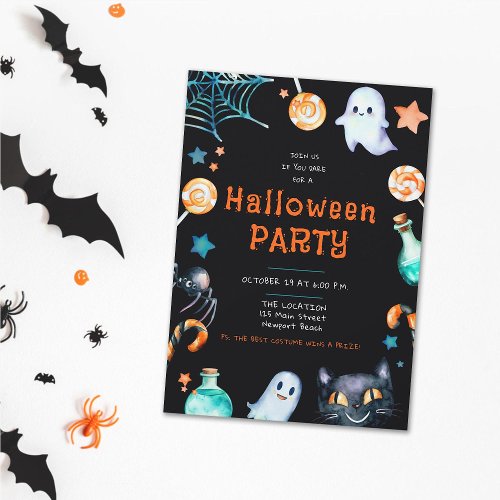 Halloween Candy Frame Ghosts Black Cat House Party Invitation