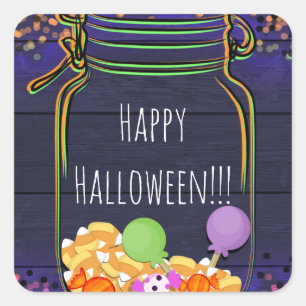 Halloween Candy Mason Jar Party Glowing Favor Square Sticker