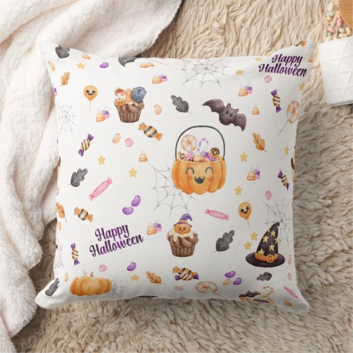 Halloween Candy Pumpkins Bats  Throw Pillow