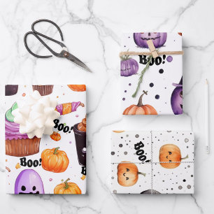 Halloween candy, treats and jack-o-lanterns wrapping paper sheets