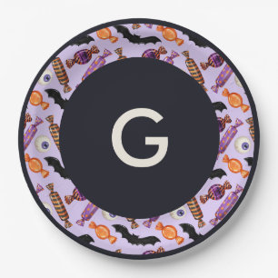 Halloween Candy Treats Purple Monogram Paper Plates