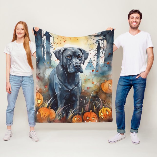 Halloween Cane Corso With Pumpkins Scary Fleece Blanket (In Situ)