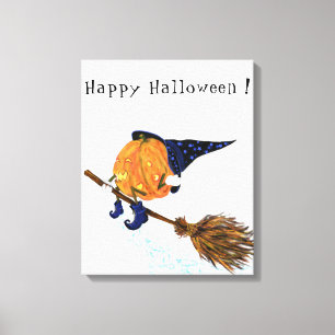 Halloween Canvas Print Witch Pumpkin Flying Broom