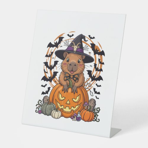 Halloween Capybara Witch Hat Pumpkin Bats Potions Pedestal Sign